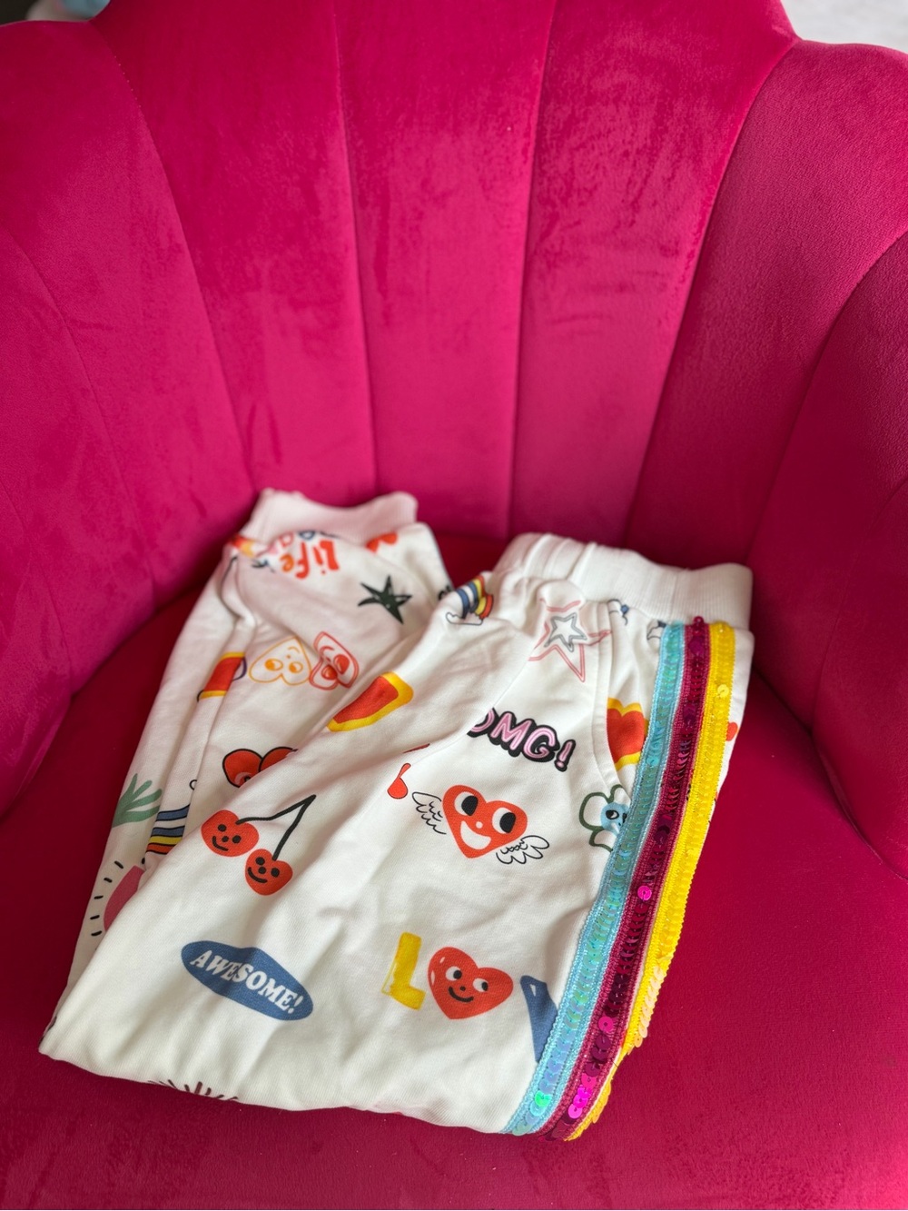 Lola + The Boys White Emoji Print Joggers with Rainbow Side Trim